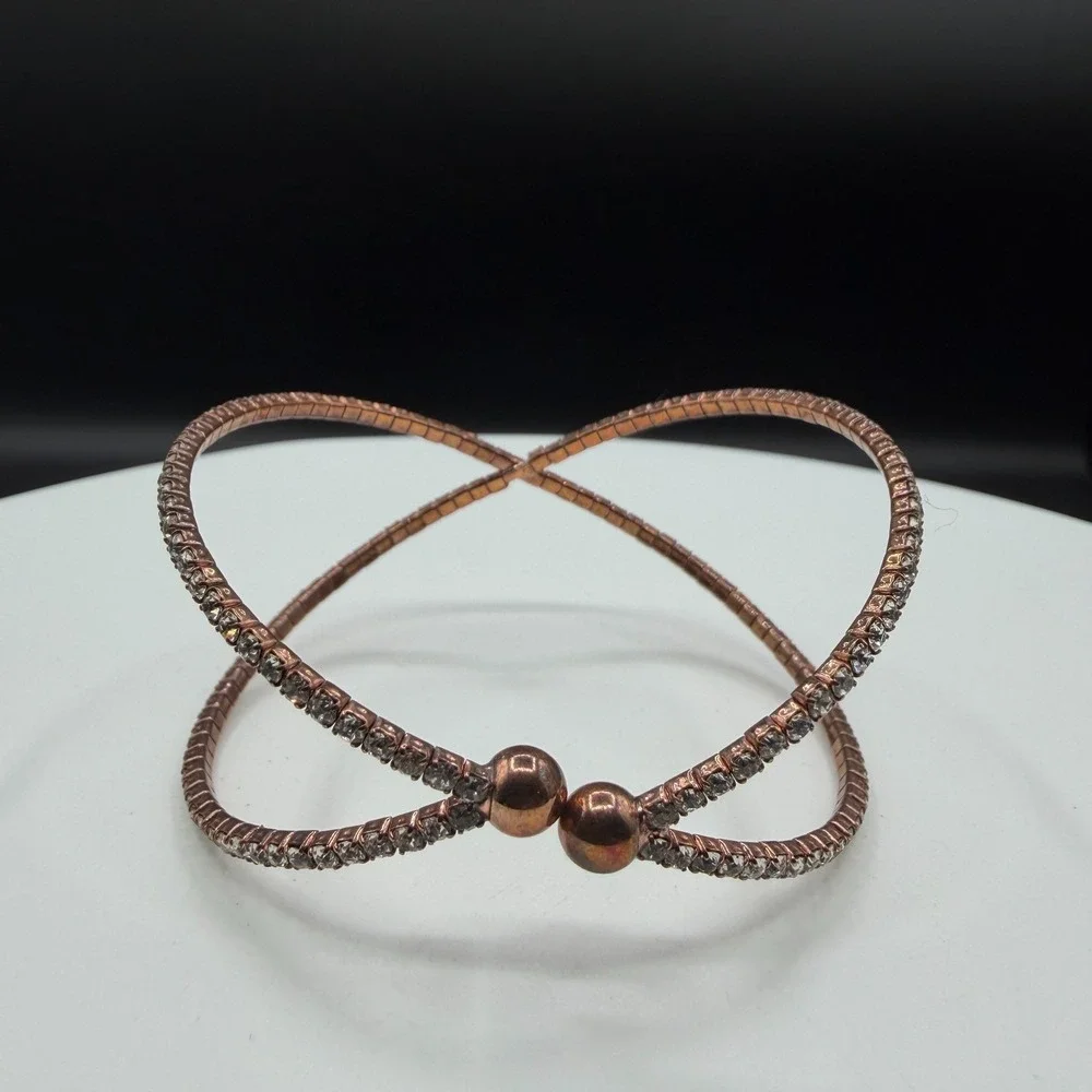 Rose Gold Tone Rhinestone Wrap Cuff Bracelet Minimalist Statement Gift for Her